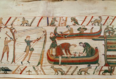Schepen bouwen onder bevel van Hertog Willem, Bayeux Tapestry door Unbekannt