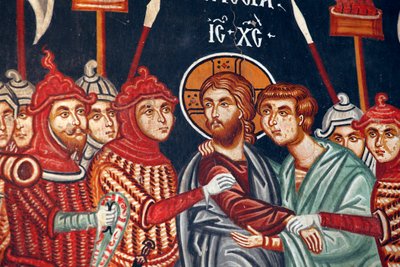 Byzantijnse fresco uit de 15e eeuw Judas Verraad en de arrestatie van Jezus Michael Aartsengel Kerk in Pedoulas Cyprus Geschilderde kerken UNESCO site Troodos, Cyprus door Unbekannt
