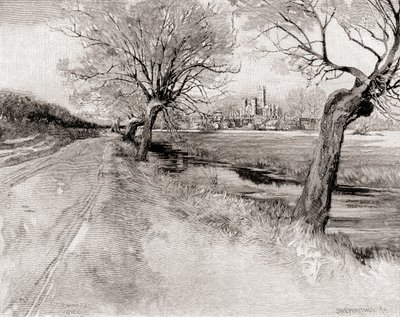 Kathedraal van Canterbury, vanuit het zuidwesten, bij zonsondergang, uit The Century Magazine, gepubliceerd 1887 (gravure) door Unbekannt