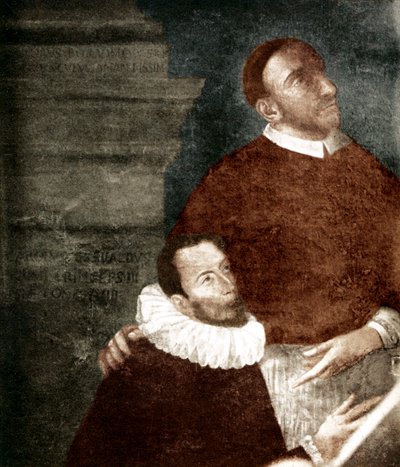 Carlo Gesualdo, Prins van Venosa. 1560-1613. In schilderij met zijn oom Carlo Borromeo. Gesualdo is de knielende figuur. Schilderij hangt in Gesualdo, Santa Maria delle Grazie kerk (Convento dei Frati Cappuccini). Gedacht te zijn een altaarstuk uit 1609 do door Unbekannter Künstler