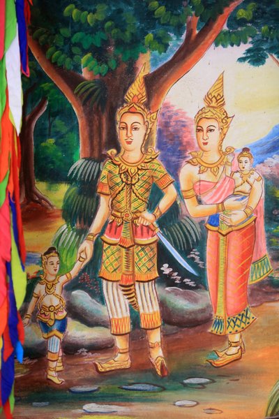 Plafondkunstwerk dat het leven van Boeddha uitbeeldt. Wat Si Sou Mang Karam Tempel. Vieng Vang. Laos, 20151102, Vieng Vang, Laos door Unbekannt