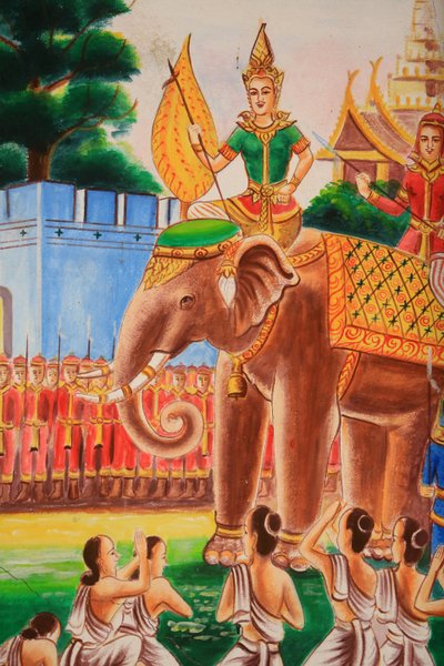 Plafondkunstwerk dat het leven van Boeddha uitbeeldt. Wat Si Sou Mang Karam Tempel. Vieng Vang. Laos, 20151102, Vieng Vang, Laos door Unbekannt