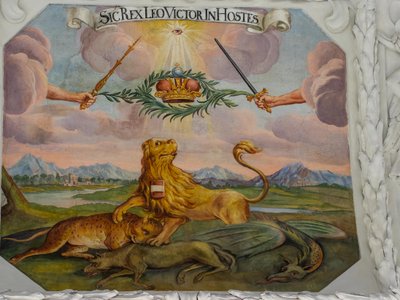 Plafondfresco in het gangpad van de Sint-Catharinakerk, allegorische voorstellingen van de overwinningen van keizer Leopold I op de Ottomanen, Mausoleum van de Habsburgers, Graz, Stiermarken, Oostenrijk door Unbekannter Künstler
