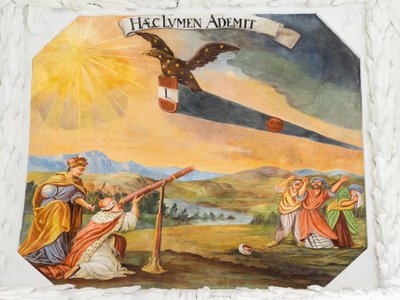 Plafondfresco in de zijbeuk van de Sint-Catharinakerk, allegorische voorstellingen van de overwinningen van keizer Leopold I op de Ottomanen, Mausoleum van de Habsburgers, Graz, Stiermarken, Oostenrijk, Europa door Unbekannter Künstler