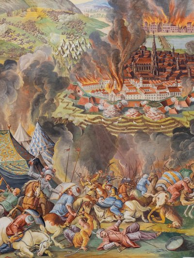 Plafondfresco in de zijbeuk van de Sint-Catharinakerk, Ontmanteling van Wenen in 1683, Mausoleum van de Habsburgers, Graz, Stiermarken, Oostenrijk, Europa door Unbekannter Künstler