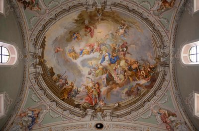 Plafondschildering, interieurfoto, St. George Katholieke Parochiekerk, Neustift, Stubaital, Tirol, Oostenrijk, Europa door Unbekannter Künstler