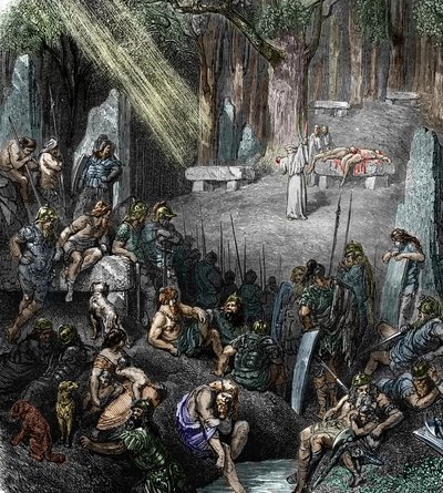 Keltische antiquiteit: Menselijk offer tijdens een ceremonie voorgezeten door een druïde in aanwezigheid van families en krijgers in een bos (gravure) door Leopold Blonder