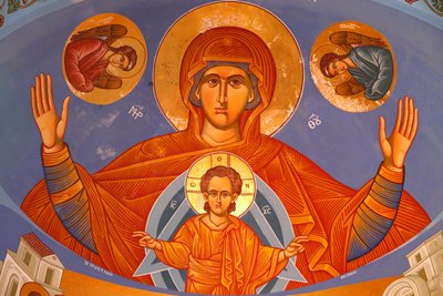 Fresco op het koorgewelf in Pedoulas Orthodoxe kerk, Maagd en Kind door Unbekannt
