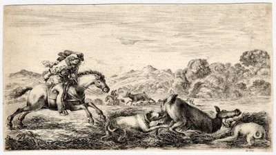 Jagen op verschillende dieren: hinde in een moeras, gestopt door twee honden door Unbekannter Künstler