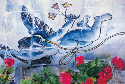 Cherubijn, azulejos tegels, Paleis van de Markiezen van Fronteira, Lissabon, Portugal (detail) door Benjamin Baud