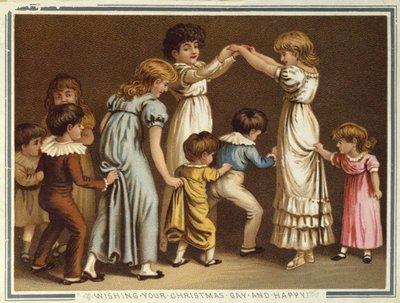 Kinderen die Oranges and Lemons spelen, Victoriaanse kerst- en nieuwjaarskaart door Unbekannter Künstler