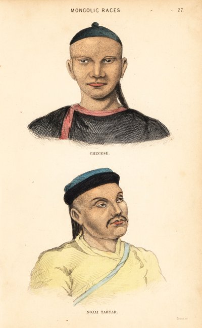 Chinese man en Tataarse man van de Nogai Horde. Mongoolse Rassen. Handgekleurde staalgravure door Lizars naar een illustratie van Charles Hamilton Smith uit zijn Natural History of the Human Species. door Unbekannter Künstler