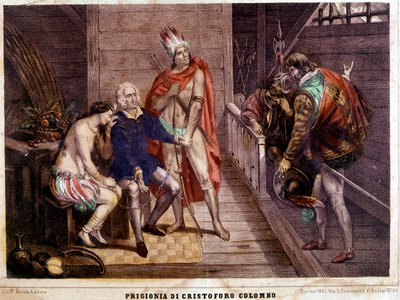 Christoffel Columbus (Colombo) in kettingen in 1500 op zijn terugkeer naar Spanje - Italiaanse gravure van 1861 door Unbekannter Künstler