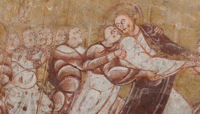 Kerk (Église Saint-Martin). Interieur. Muurschilderingen (fresco). Noordmuur van het koor. Detail. Arrestatie van Christus. 12e eeuw. door Unbekannt