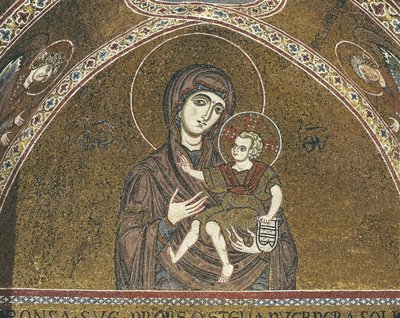 Close-up van een muurschildering van de Maagd Maria, Monreale, Sicilië, Italië door Benjamin Baud