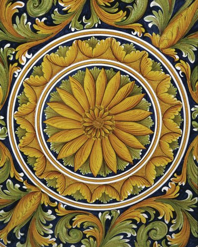 Close-up van een tafel, Caltagirone, Italië door William M. Timlin