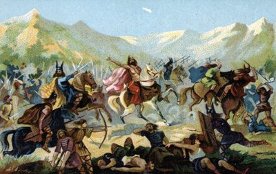 Clovis I (466-511), koning van de Franken, tijdens de slag bij Tolbiac in 496 tegen de Germaanse stam van de Alemannen, beloofde zich te bekeren in geval van overwinning. Eind 19e eeuw (chromolithografie) door Unbekannter Künstler