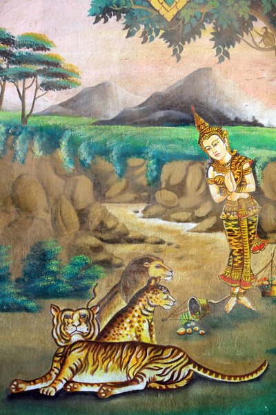 Mededogen voor dieren. Schilderij dat het levensverhaal van Shakyamuni Boeddha uitbeeldt. Wat Naxai. Vientiane. Laos, 20151106, Vientiane, Laos door Unbekannt