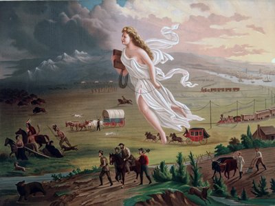 Concept van Manifest Destiny: Allegorische vrouwelijke figuur die elektrische telegraafdraad draagt, leidt Amerikaanse pioniers en spoorwegen westwaarts door Unbekannter Künstler