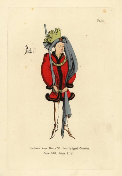 Kostuum van Koning Richard II, in korte volle tuniek met bont afgezet, met een gordel om de heupen, puntige schoenen, ronde hoed met lange staart en kroon van stof in de vorm van bladeren door Unbekannt