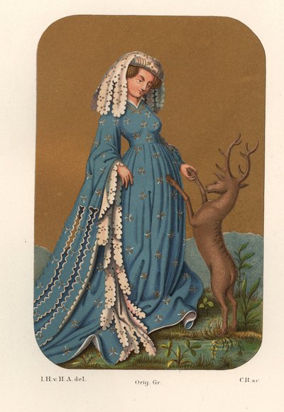 Kostuum van een adellijke dame uit het begin van de 15e eeuw, ze draagt een lange hoofdtooi en een jurk met lange mouwen, spelend met een hert - Van een speelkaart uit de Koninklijke Bibliotheek van Stuttgart (Duitsland) - Chromolithografie, tekening door  door Unbekannter Künstler