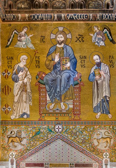 Tegenfaçade: mozaïek "Majesteit van Christus gezeten tussen Heiligen Petrus en Paulus", XII eeuw, De Palatijnse Kapel, Het Koninklijk Paleis of Palazzo dei Normanni (Paleis van de Normandiërs), Palermo, Sicilië, Italië door Unbekannter Künstler