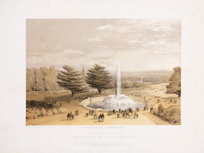 Crystal Palace, na de Grote Tentoonstelling De fontein en het park vanaf de terrasstappen van het Crystal Palace, circa 1855 door Unbekannt