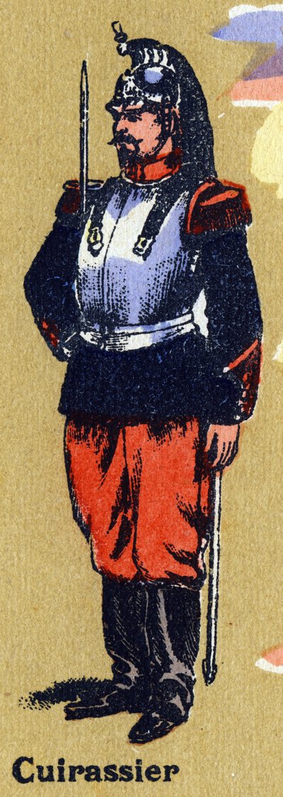 Cuirassier in soldatenuniform. Geïllustreerd alfabet. Beeldvorming herenigd in Jarville-Nancy, begin 20e eeuw. Lithografie op een bistre achtergrond door Unbekannt