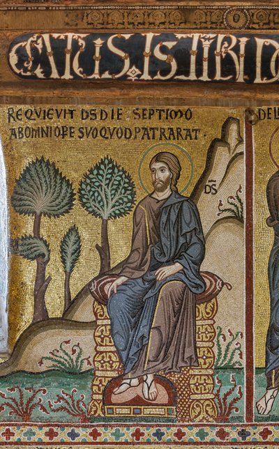 Cyclus van mozaïeken over het Oude Testament, cyclus van de Schepping: "De Rust van de Schepper op de Zevende Dag", 12e eeuw, De Palatijnse Kapel, Het Koninklijk Paleis of Palazzo dei Normanni, Palermo, Sicilië, Italië door Unbekannter Künstler