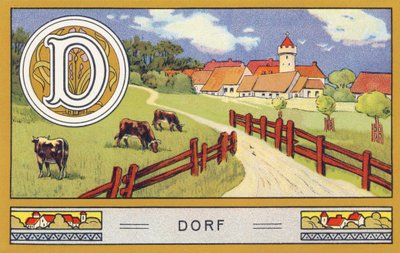 D: Dorf - Alphabet Palmin. Serie chromolithografieën uitgegeven door H. Schlinck & Cie, Hamburg. Reclame voor Palmin fijnste kokosvet. Afmetingen: 7 x 11 cm door William M. Timlin