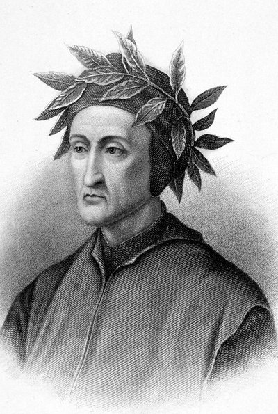 Dante Alighieri (1265-1321) Italiaanse schrijver (Goddelijke Komedie), hier gekroond met laurier, gravure door Unbekannter Künstler