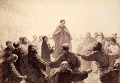 Dante en Beatrice worden omcirkeld door de geesten van de Wijzen die om hen heen zingen en dansen. Illustratie van Canto XIV van Paradiso van De Goddelijke Komedie van Dante Alighieri. Werk van Francesco Scaramuzza opgedragen aan de gemeente Florence door Unbekannter Künstler