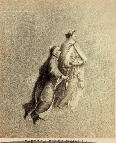 Dante en Beatrice vliegen door het firmament van het Paradijs. Illustratie van Canto I van Paradiso van De Goddelijke Komedie van Dante Alighieri. Werk van Francesco Scaramuzza opgedragen aan de gemeente Florence door Unbekannter Künstler