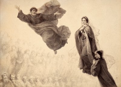 Dante en Beatrice ontmoeten St. Peter. Illustratie van Canto XXIV in Paradiso van De Goddelijke Komedie door Dante Alighieri. Werk van Francesco Scaramuzza gewijd aan de gemeente Florence. door Unbekannter Künstler