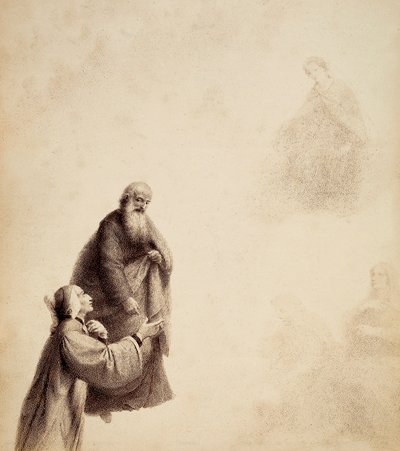 Dante, bijgestaan door St. Bernard, ziet Beatrice op een troon te midden van de gezegenden, in een lichtkring. Illustratie van Canto XXXI in Paradiso van De Goddelijke Komedie door Dante Alighieri door Unbekannter Künstler