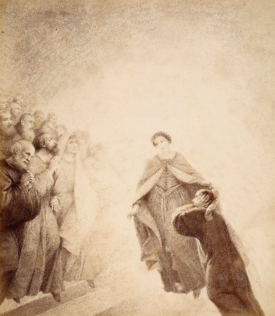 Dante bedekt zijn oren met zijn handen, overweldigd door de kreten van woede gelanceerd door de geesten langs de ladder. Illustratie van Canto XVI in Paradiso van De Goddelijke Komedie door Dante Alighieri. Werk van Francesco Scaramuzza gewijd aan de gem door Unbekannter Künstler