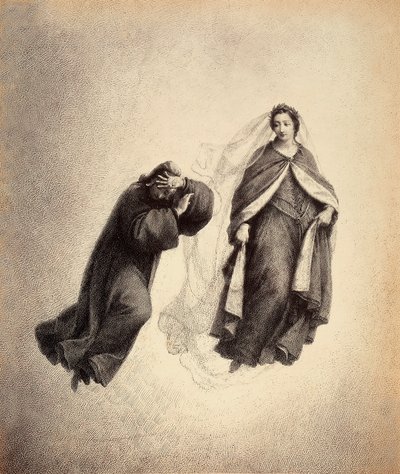 Dante bedekt zijn gezicht met zijn handen, overweldigd door Beatrice