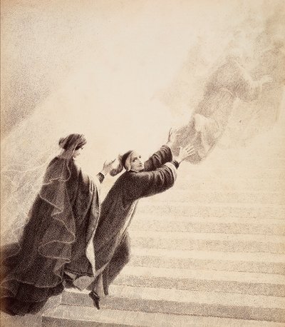 Dante, aangespoord door een eenvoudig teken van Beatrice, beklimt de gouden ladder na de gezegende geesten. Illustratie van Canto XVII in Paradiso van De Goddelijke Komedie door Dante Alighieri door Unbekannter Künstler