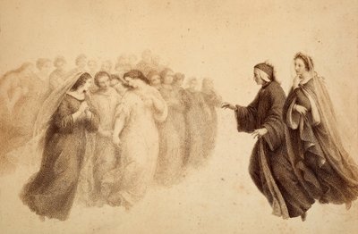 Dante samen met Beatrice en de gezegende geesten. Illustratie van Canto XXXIII in Paradiso van De Goddelijke Komedie door Dante Alighieri. Werk van Francesco Scaramuzza gewijd aan de gemeente Florence. door Unbekannter Künstler