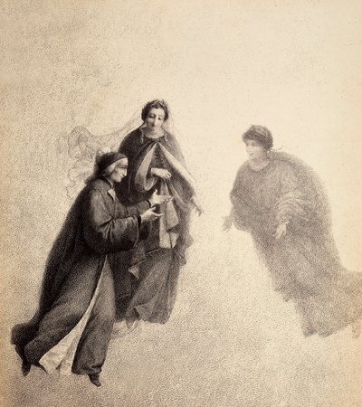 Dante, aangespoord door Beatrice, spreekt met een vrome geest. Illustratie van Canto V in Paradiso van De Goddelijke Komedie door Dante Alighieri door Unbekannter Künstler