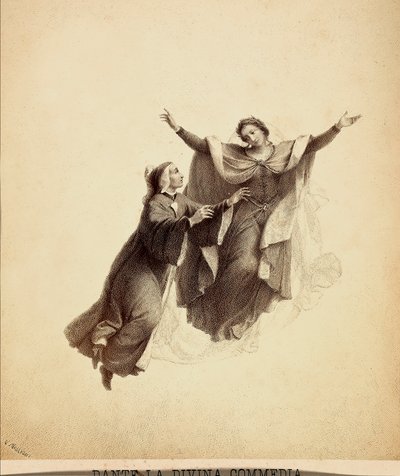 Dante, met open armen, geleid in de vlucht door Beatrice door het firmament van het Paradijs. Illustratie van Canto I van Paradiso van De Goddelijke Komedie van Dante Alighieri. Werk van Francesco Scaramuzza opgedragen aan de gemeente Florence door Unbekannter Künstler