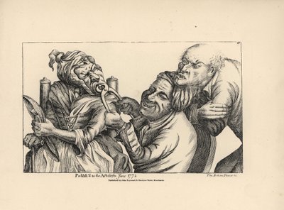 Tandarts lachend terwijl hij een slechte tand trekt met een tang uit de mond van een oude vrouw. Kopergravure naar een satirische illustratie van Timothy Bobbin (John Collier) (1708-1786) uit 