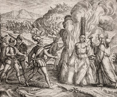 Beschrijving van de misdaden begaan tegen de Indianen door de Spaanse kolonisten - Conquistadores verbranden een Indiaan die weigerde zich tot het katholieke geloof te bekeren. Religieus van de Franciscaner Orde (gravure) door Unbekannt