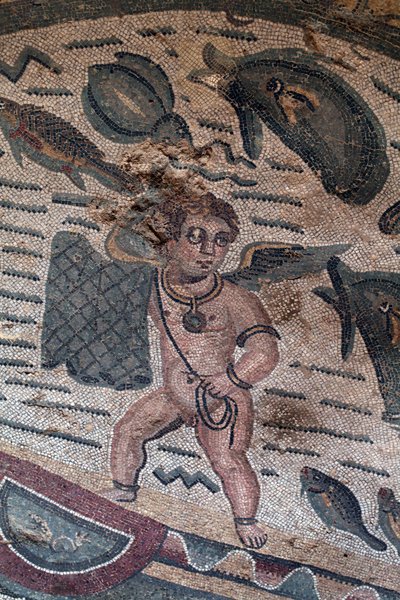 Detail van het mozaïek van de vissende Putti. Netvisserij. 3e - 4e eeuw. Romeinse Villa van de Casale, Sicilië. UNESCO-site. door William M. Timlin