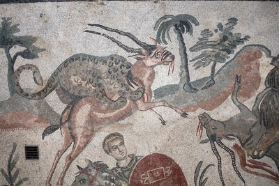 Detail van het mozaïek van de grote jacht. Een luipaard valt een gazelle aan. 3e - 4e eeuw. Romeinse Villa van de Casale, Sicilië. UNESCO-site. door William M. Timlin