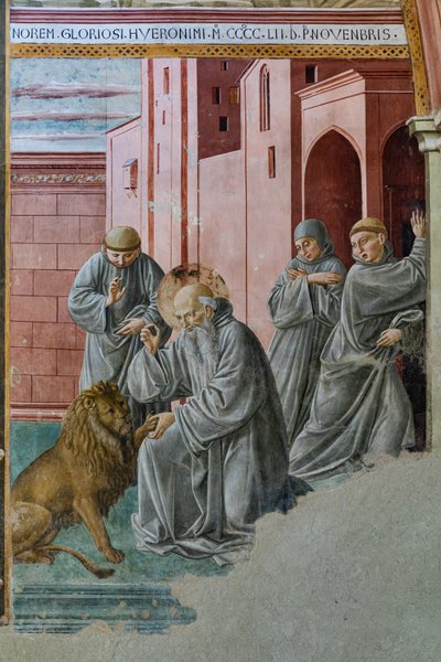 Detail met St. Jerome die de doorn uit de poot van de leeuw haalt, Kapel van St. Jerome door Unbekannter Künstler