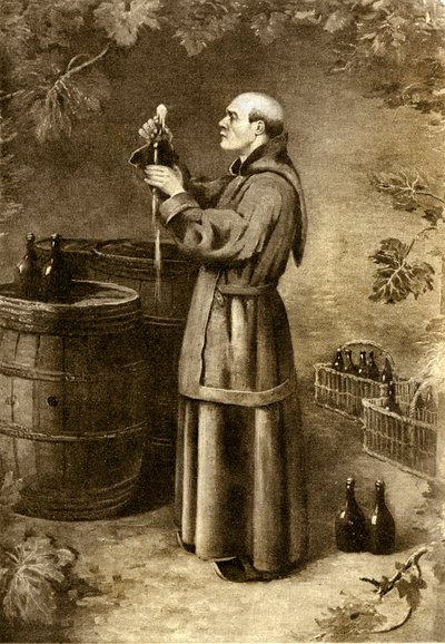 Dom Perignon ontdekt mos in 1714 - begin 20e eeuw (gravure) door Alec Hunter