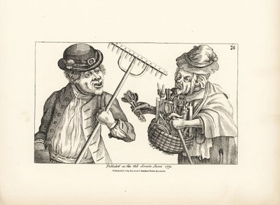 Dronken boer Jones koopt de hele voorraad houten gereedschap van de oude schele Nan. Gravure naar een satirische illustratie van Timothy Bobbin (John Collier) uit Human Passions Delineated, John Haywood, Manchester door Unbekannter Künstler