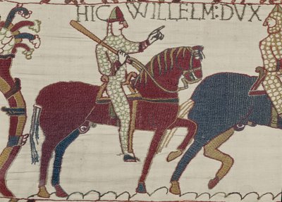 Hertog Willem spoort zijn troepen aan zich voor te bereiden op de strijd tegen het Engelse leger, Bayeux Tapestry (wol borduurwerk op linnen) door Unbekannt