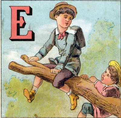 E letters: jongen in balans op een tak. Gravure in "Alphabet des petits ecoliers". Imaging van Epinal, circa 1885. Privee Collectie door Unbekannt